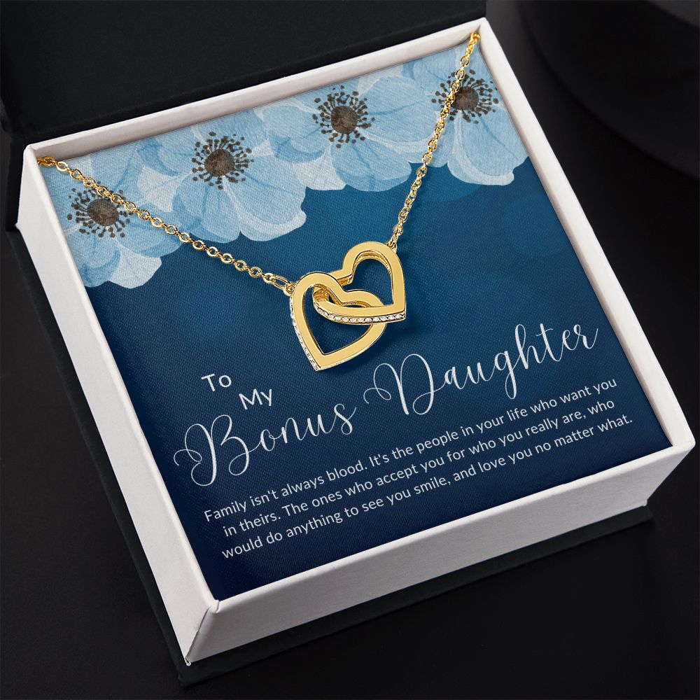 To My Bonus Daughter Interlocking Hearts Necklace (Yellow & Stainless Steel/Rose Gold Variations)