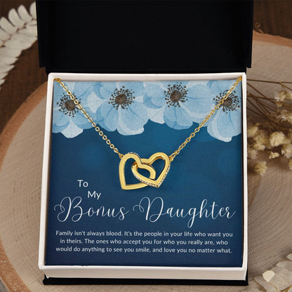 To My Bonus Daughter Interlocking Hearts Necklace (Yellow & Stainless Steel/Rose Gold Variations)