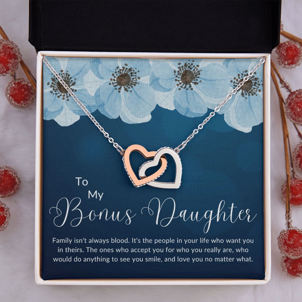 To My Bonus Daughter Interlocking Hearts Necklace (Yellow & Stainless Steel/Rose Gold Variations)