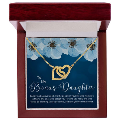 To My Bonus Daughter Interlocking Hearts Necklace (Yellow & Stainless Steel/Rose Gold Variations)